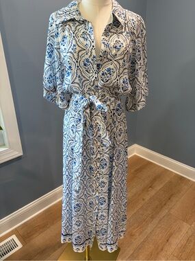 H&M Blue & White Floral Tile Print Belted Midi Dress Medium